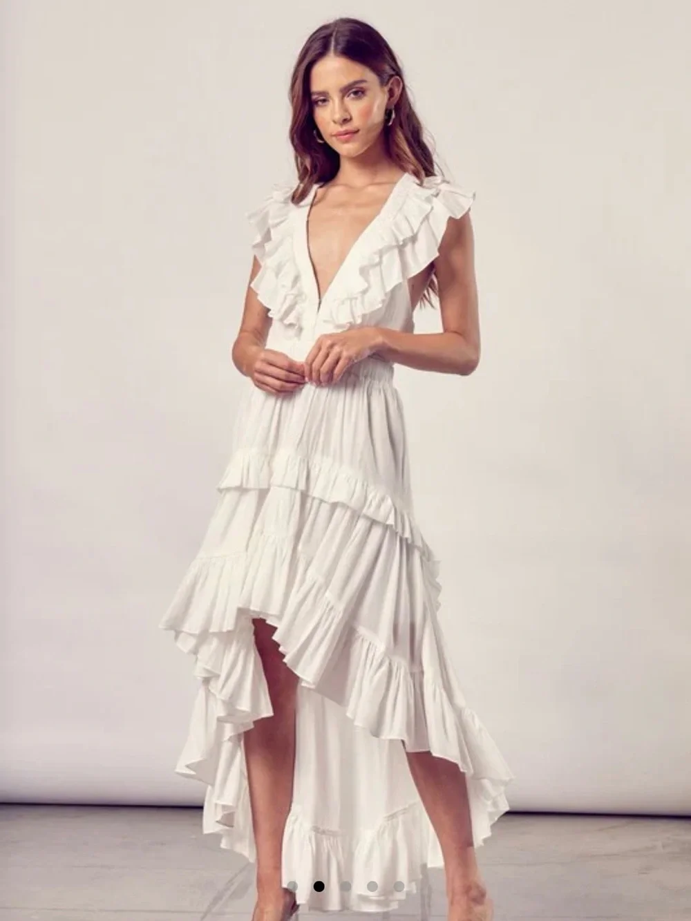 FASHION WHITE V-NECK HIGH LOW RUFFLE CROSS OPEN BACK SLEEVELESS MAXI DRESS - Picture 6 of 10